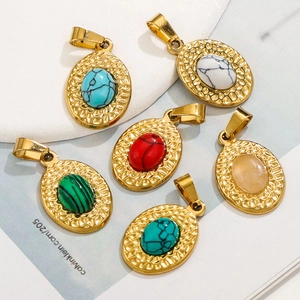 Hammered gold stainless steel oval pendants with diverse colorful gemstones in a set