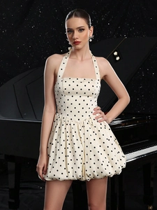 Robe Courte À Pois Dos Nu Halter Avec Ourlet Bulle Sans Manches Style Français Sexy Robe De Vacances Été