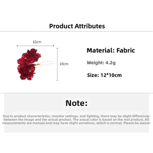 Detailed fabric flower hairpin specifications showing dimensions 12x10cm and 4.2g weight
