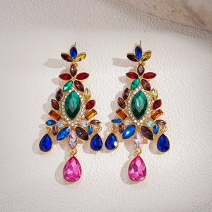 Vintage palace style floral drop earrings with colorful crystals and gold metal setting