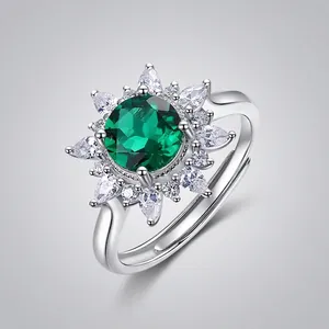 Vintage 925 Sterling Silver Sunflower Ring Lab-Grown Emerald Rhinestone Adjustable Open Ring For Women Jewelry Gift