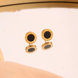 Elegant rose gold titanium steel stud earrings with black roman numeral circle design