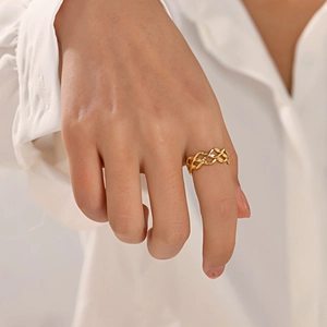 Bague Réglable Acier Inoxydable Plaqué Or 18K Design Treillis Tissé Creux Géométrique Style Ins Bijoux Minimalistes Femme
