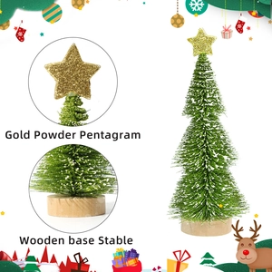 Mini green Christmas tree with gold star topper and stable wooden base on white background