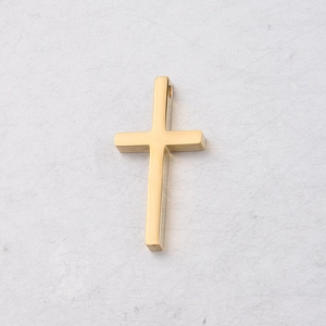 Close-up of a golden mirror-polished stainless steel cross pendant for DIY jewelry