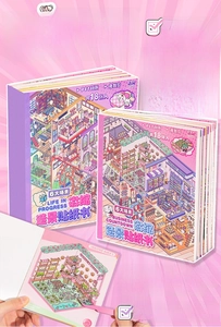 Detailed PET sticker book with 3D miniature scene stickers showing easy-to-use precut pages