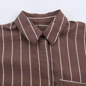 Coffee brown vertical striped shirt featuring a classic collar and white fine stripes