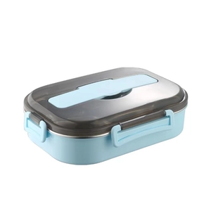 Insulated 304 stainless steel lunch box with divided compartments in light blue and grey