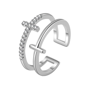 Elegant silver double-layer cross ring with cubic zirconia stones and adjustable band