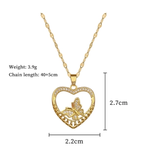 Detailed size specifications for gold butterfly heart pendant necklace with rhinestones