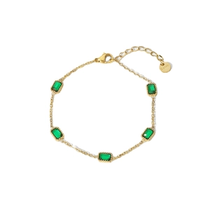 14K gold plated stainless steel bracelet featuring five square-cut emerald green zircons