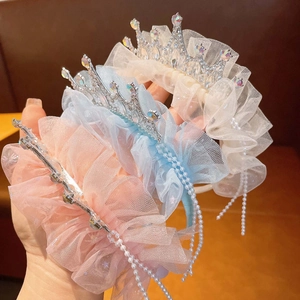 Girl's princess tulle headbands with rhinestone crowns and pearl tassels in three colors