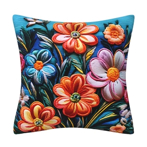 Macro shot of 3D floral embroidery cushion cover with vibrant petals and fabric texture