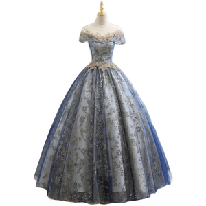 Elegant light blue ball gown with floral embroidery and illusion neckline for formal events