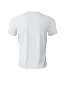 Rear view of white slim fit men's athletic t-shirt showing breathable fabric and clean cut