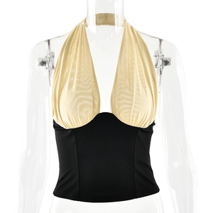 Elegant halter neck V-neck top in beige and black slim fit bodice for women