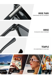Detail shots of metal hinges and nose pads on TR90 cat-eye glasses with lifestyle scenes