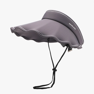 Dark gray wide brim sun hat with empty top design and adjustable windproof strap
