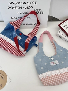 Chic lace-trimmed denim tote bags with contrast checkered patterns and brand labels