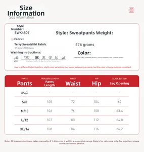 Detailed size chart for high-waist joggers showing measurements for S to XL sizes