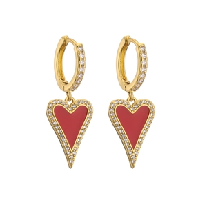 Close-up of gold-plated heart earrings with red enamel and pavé-set zircon crystals