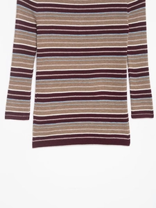 Detailed flat lay of striped knit sweater showing multi-color fabric texture and tight weave