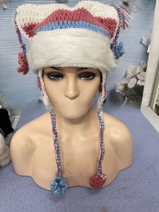 Handmade knit cat ear hat with stars and stripes, faux fur trim and braided tassels