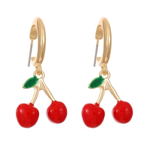 Cute red cherry drop earrings with golden metal loops and green enamel leaf charms