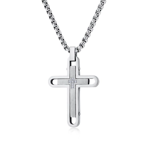 Polished titanium steel cross necklace with inlaid zircon stones and box chain in silver
