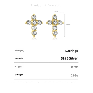 Detail view of S925 sterling silver cross earrings with dimensions 10mm by 7.5mm