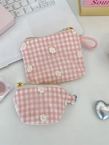 Floral embroidery pink checkered cosmetic pouches with gold zippers and mesh overlay