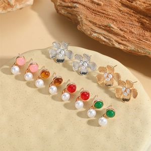 Chic acrylic flower studs and colorful pearl drop earrings set in gold and silver finish