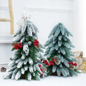 Mini Artificial Christmas Tree Snow Flocked PVC Pine Cones Red Berries Wooden Base Desktop Holiday Winter Decor