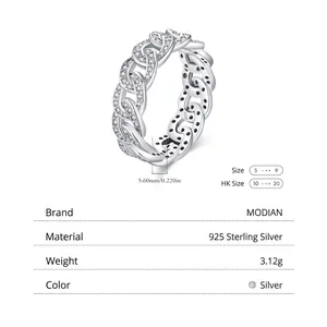 Interlocked Cuban chain S925 sterling silver ring with white zircon stones, 5.60mm wide
