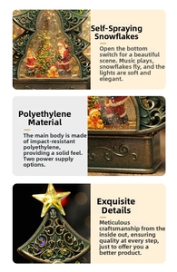 Detail of Christmas tree music box showing automatic snow effect and bronze green finish