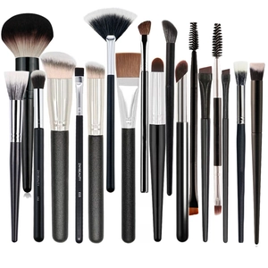16-piece makeup brush set with black handles and high-quality synthetic bristles