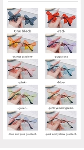Grid view of butterfly rimless sunglasses in ten vibrant gradient and solid colors