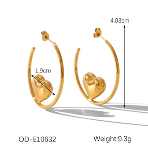 Polished 18K gold heart-shaped drop earrings with size and weight dimensions shown