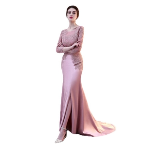 Elegant mauve lace mermaid evening dress with long sleeves and high slit details