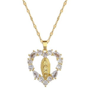 Golden heart pendant necklace featuring Virgin Mary relief and sparkling white zircons