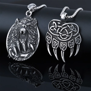 Punk vintage stainless steel necklaces with wolf head and bear claw pendant details