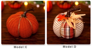 Detailed comparison of orange knitted and plaid fabric pumpkins with maple leaf accents
