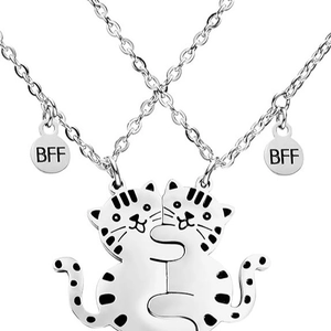 Matching BFF cat necklaces with hugging kitten pendants in silver stainless steel