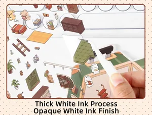 Macro detail of cartoon aesthetic stickers featuring thick white ink printing process