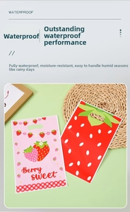 Waterproof strawberry gift bag detail showing the berry sweet design and plastic texture