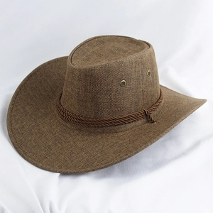 Vue détaillée d'un chapeau de cowboy marron avec œillets et ruban tressé décoratif