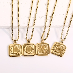 Gold titanium steel square letter pendant necklace set spelling LOVE on box chain