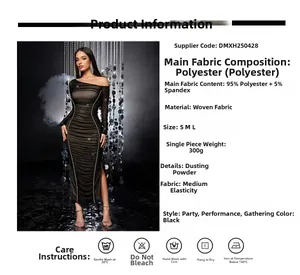Detail of slim-fit off-shoulder party dress featuring black glittery fabric and texture