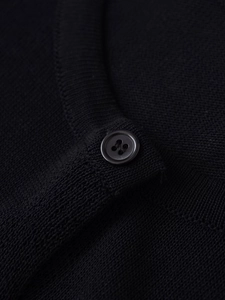Detailed close-up of premium black knit fabric with a matching resin button detail