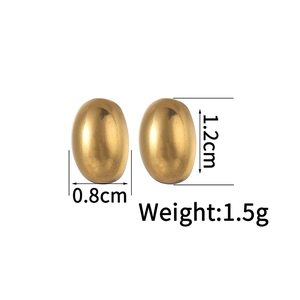 Detailed view of polished 18K gold-plated oval stud earrings with size and weight specs
